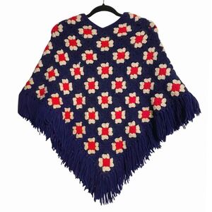 Vintage 70s Crochet Granny Square Floral Fringe‎ Blue Poncho OS Cottagecore Cozy